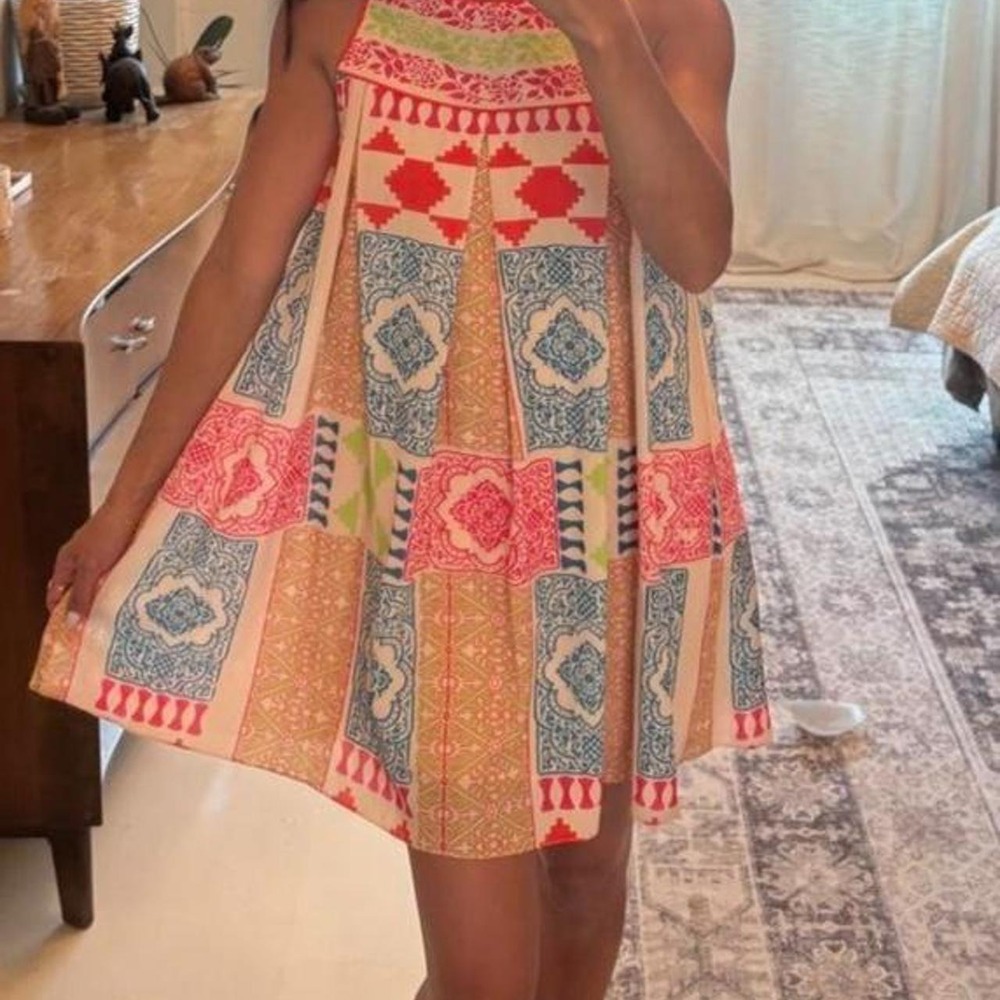 Kavita Bhartia Anthropologie Patchwork Print Trapeze Mini Dress Pink Blue SP
